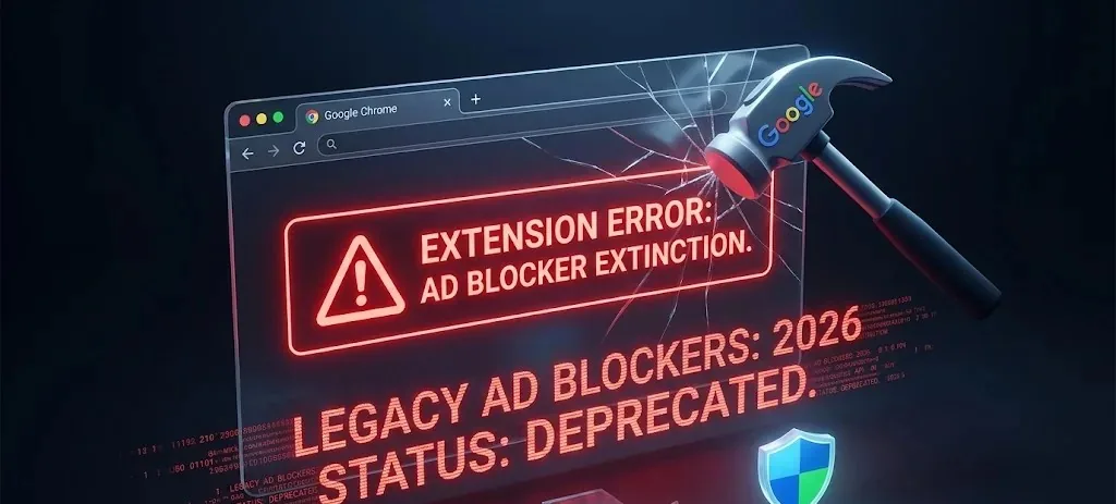 Een Chrome-browser waarin een verouderde advertentieblokker is uitgeschakeld door de Manifest V3-zuivering